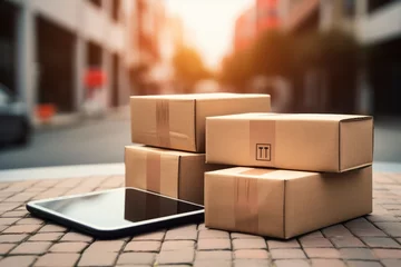 Tuinposter Parcel Packages with a Tablet Next to it - Modern Delivery Concept - AI Generated © Arthur
