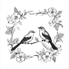 Hand drawn exotic love birds with vintage flower frame vector