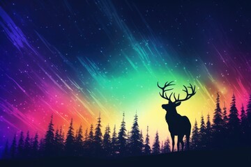 Reindeer Against Vibrant Northern Lights - Silhouette of a Lone Stag - AI Generated