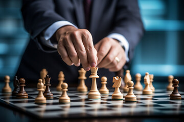 A savvy businessman strategically moves chess pieces on the board game, showcasing planning, leadership, and corporate strategy - obrazy, fototapety, plakaty