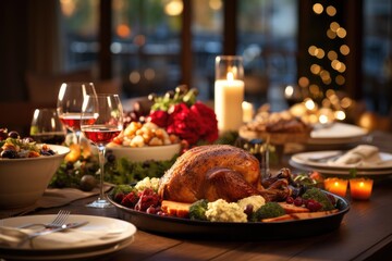Festive dining table, warmly lit, adorned with a Thanksgiving feast, space for copy - AI Generated