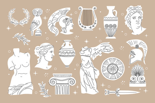 Greek antique sculptures and objects in flat style. Head and torso of Venus, Apollo, Spartan helmet, shield and sword, vases, lyre and more. White elements with outline isolated. Hand drawn. Vector