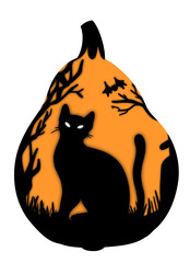 Halloween design including black cat in an orange pumpkin shape, transparent background, glowing effect