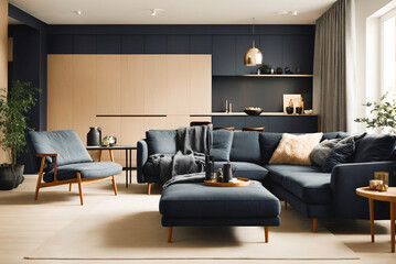 Inviting Modern Scandinavian Apartment with Dark Blue Sofa & Recliner Chair