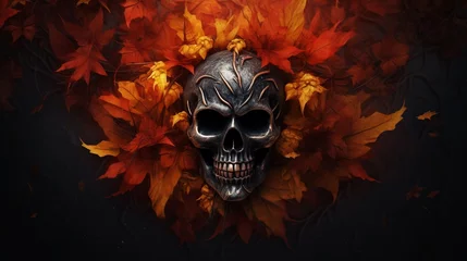 Fotobehang Halloween symbol with skull autumn leaves and dark natural background Symbolizes magic and mysticism © Poorna Himasha