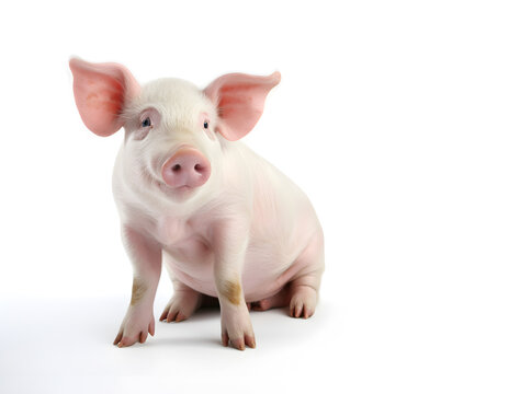 Happy young pig isolated on white background. Funny animals emotions.