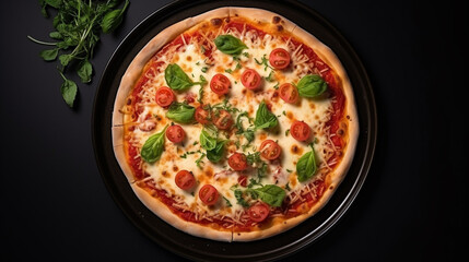 Top view pizza margherita food on black plate on white background