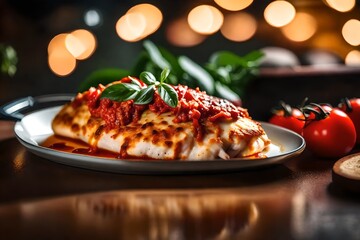 ﻿This text talks about a picture of a well-liked dish called Chicken Parmesan. This picture is a zoomed-in view of a plate. The area behind it is not clear, but it looks very nice.. AI Generated - obrazy, fototapety, plakaty