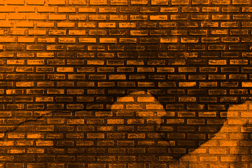 Orange purple brown black old brick wall. Toned colorful grunge background. Space. Design. Cracked, broken, crumbled. Color gradient. Rough backdrop.	