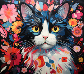 Cat with flowers illustration isolated on black background, Generative AI.