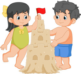 Children making sand castle at tropical beach