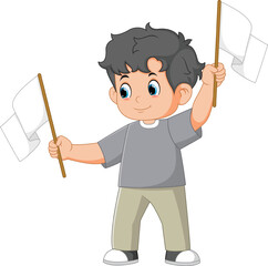 Cartoon boy holding white blank flags