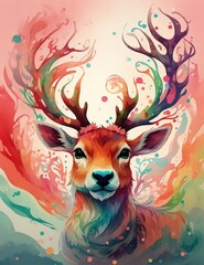 colorful cute reindeer, fantasy swirls splash, modern t-shirt design