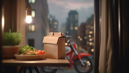 Food delivery service. Takeout packaging containers and bags. Blank template paper to-go box. Copy space on fast food delivery package. Online express food industry. Banner