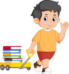 Cartoon little boy pulling wagon cart with pile of books