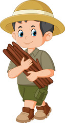 Cartoon boy scout carrying firewood