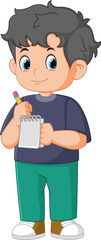 Cartoon little boy holding a notebook and pencil