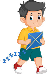 Cartoon happy boy playing kite