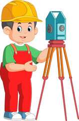 Young man working with total station theodolite