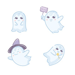 Cute blue ghost character for Halloween. A set of illustrations of the ghost character in different versions and poses. Can be used as stickers, character, mascot, greeting card, scrapbooking.
