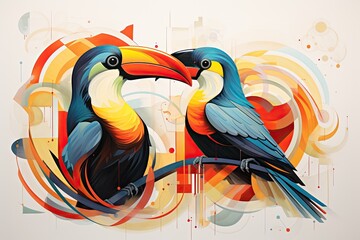 Exotic birds and their contours in graphic abstraction  - obrazy, fototapety, plakaty