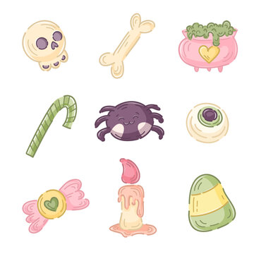 Halloween elements, props, hand-drawn set. Cute collection with skull, bone, magic cauldron, lollipop, spider, eye, candy, candle and Candy Corn. Can be used as stickers, decorations, scrapbooking.