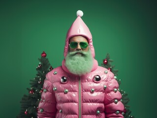 A portrait of a middle-aged man with a long green beard, wearing pink sports winter jacket and green sunglasses.