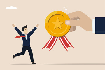 Giving awards to professional workers, best office employees or specialists for achieving goals concept, businessman hand giving award medals to professional employees.