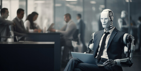 A robot, artificial intelligence in the form of a boss in the office is doing work.