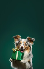 Dog holding a gift on a green background, with space for your text