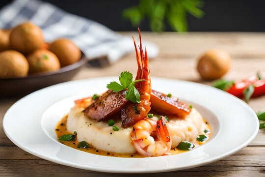 ﻿A picture of a plate with Shrimp and Grits taken close in a studio with a bright background.. AI Generated