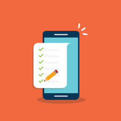 Check list document on smartphone, smartphone with paper check list and to do list with checkboxes, concept of survey, online quiz, completed things or done test, feedback.	 - obrazy, fototapety, plakaty