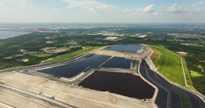 Aerial view of Riverview phosphogypsum stack, large open air phosphogypsum waste storage near Tampa, Florida. Byproduct of handling and processing of phosphates in fertilizer production industry