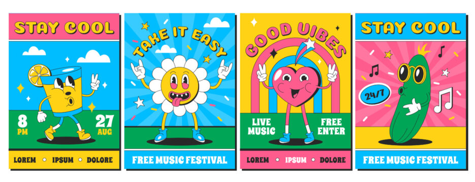 Trendy psychedelic posters with funny characters. Modern flyers or card design template with groovy daisy, heart and cocktail glass. Cartoon invitations for live music party, concert in bright colors.