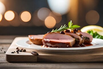 ﻿Take a good look at a small portion of pork tenderloin in a studio, with a strong light shining from behind it.. AI Generated