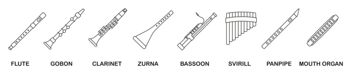Set of wind musical instruments. Wind musical instruments with the name in a thin line.