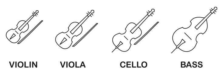 Set of symphonic string musical instruments. Set of stringed instruments with title in thin line.