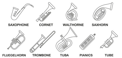 Wind musical instruments with the name in a thin line. Set of wind musical instruments. - obrazy, fototapety, plakaty