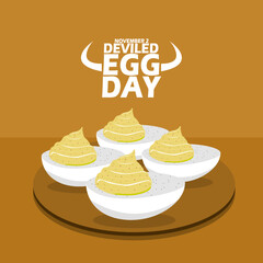 Boiled eggs topped with mustard and chili spices served on wooden plate, with bold text on brown background to celebrate National Deviled Egg Day on November 2
