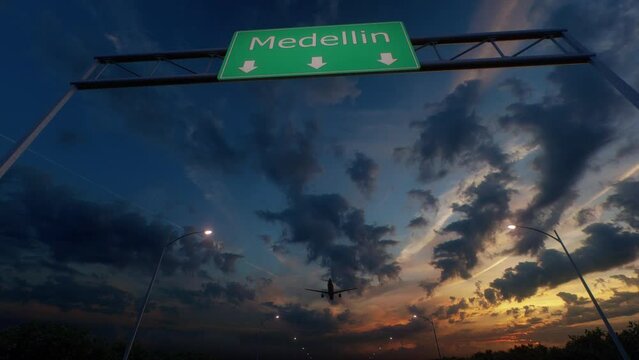 Medellin City Road Sign - Airplane Arriving To Medellin Airport Travelling To Colombia