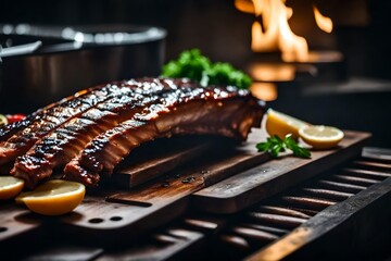 ﻿A close-up picture of delicious BBQ ribs, with a blurry and beautiful background.. AI Generated