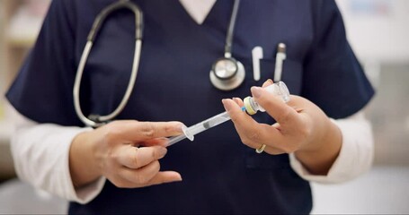 Nurse hands, vaccine syringe and bottle for healthcare, wellness or protection in clinic. Closeup, needle or glass vial for vaccination, virus immunity or medicine of medical professional in hospital - Powered by Adobe