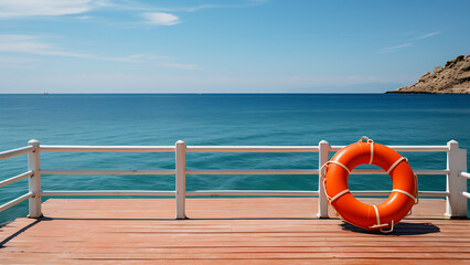 Obraz premium Sea buoys are on a wooden pier with blue sky and beach background.