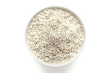 Organic Sorghum Flour (Sorghum bicolor) or Jowar Flour in a white ceramic bowl. Isolated on a white background. Top View