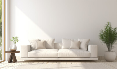 Fototapeta na wymiar Modern living room interior with bright creamy sofa, white wall background