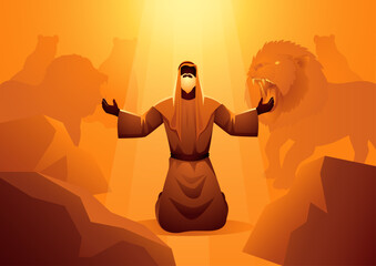 Biblical vector illustration series, Daniel in the lions den - obrazy, fototapety, plakaty