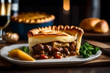 ﻿This picture is a close-up of a Beef and Guinness Pie. The background is blurry, but you can see a pretty forge in it.. AI Generated - obrazy, fototapety, plakaty