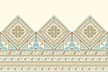 flower embroidery on cream background. ikat and cross stitch geometric seamless pattern ethnic oriental traditional. Aztec style illustration design for carpet, wallpaper, clothing, wrapping, batik.	