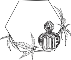 Perfume composition with hibiscus frame, black and white hand drawn graphics vector
