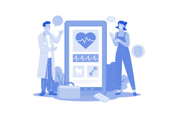 A woman using a medical app to manage health information